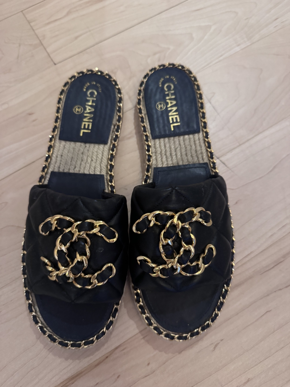 CHANEL Blacj Quilted Mules - CC Logo In Gold Chain, Size 40
